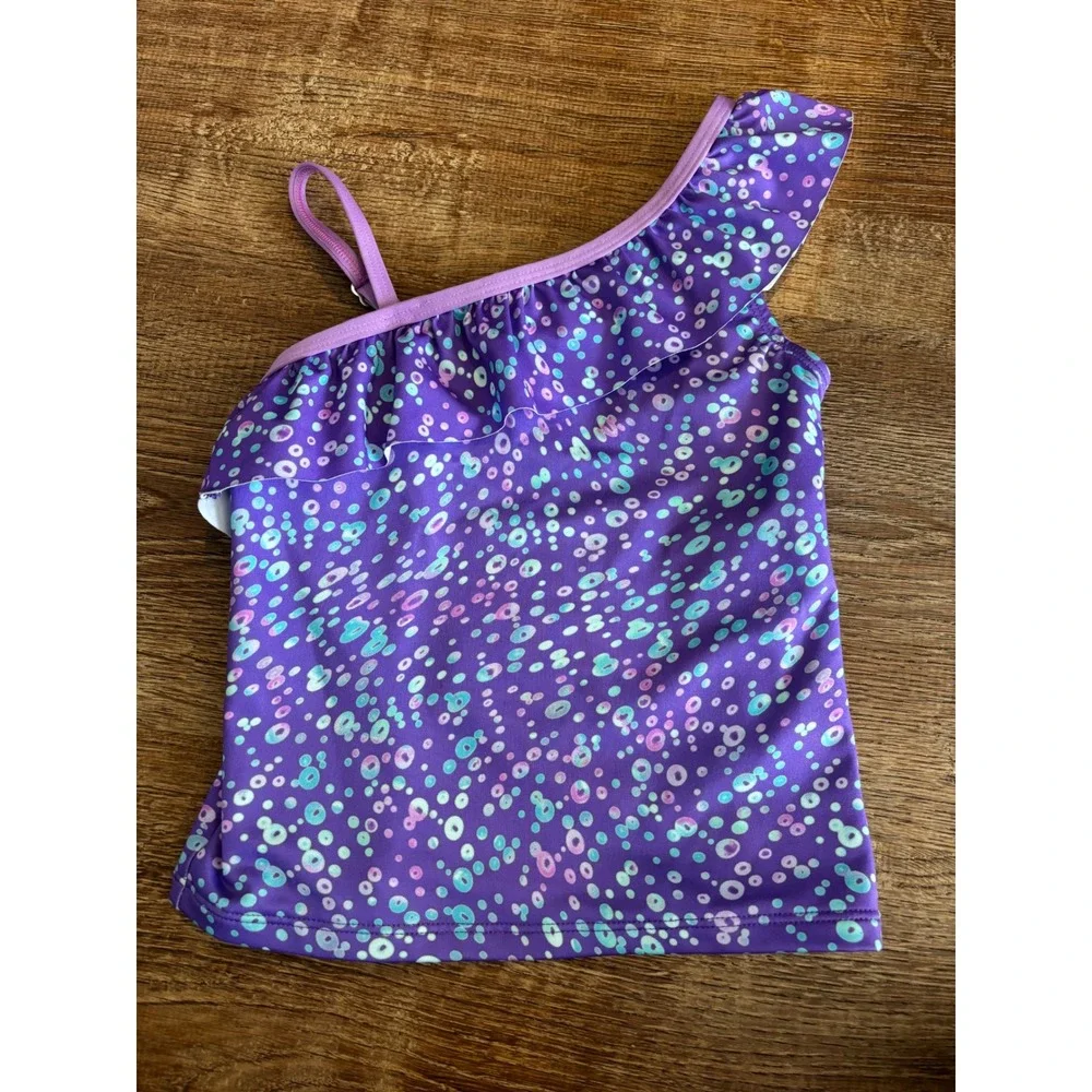 Lands End Girls Purple Bubble Dot Ruffle One Shoulder Tankini Swim‎ Top 5 NWT